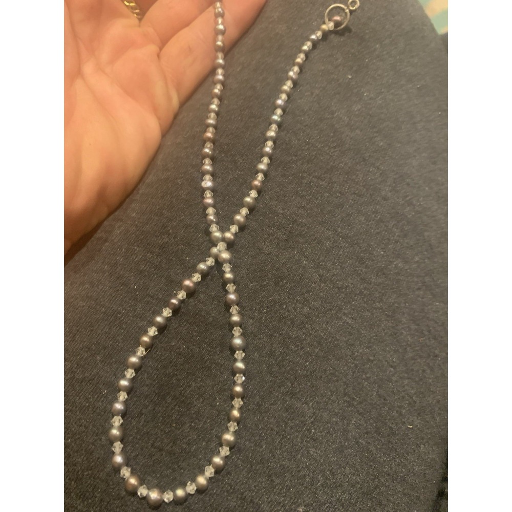 Grey Freshwater Pearl and Faceted Crystal Bicone Beaded Necklace Toggle Clasp